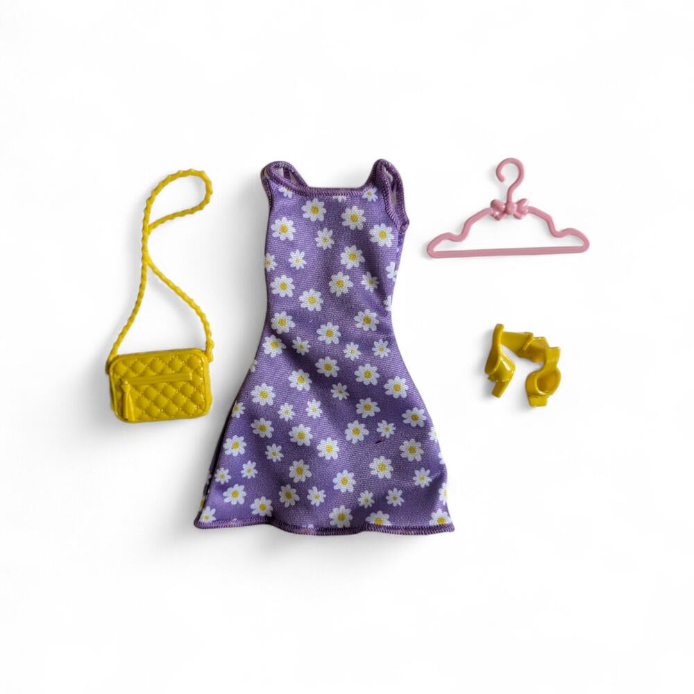 Barbie Doll Outfit Purple and Daisy Flower Dress Yellow Handbag Shoes & Hanger